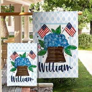 Personalized Patriotic Garden Flag Hydrangea American Flag Mothers Day Gift Custom Name Flag Preppy Fourth July Porch Decor USA Yard Flag