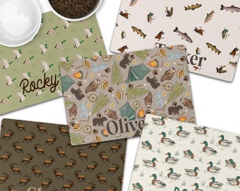 Personalized Pet Placemat Feeding Trout Design Floor Mat Feeding Station Custom Design Outdoor Theme Hunting Decor Rustic Style Cabin