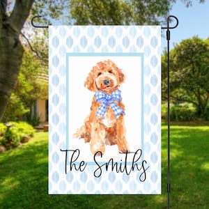 Personalized Goldendoodle Garden Flag Custom Dog Yard Decor with Watercolor Doodle & Family Name Pet Lover Outdoor Welcome Sign