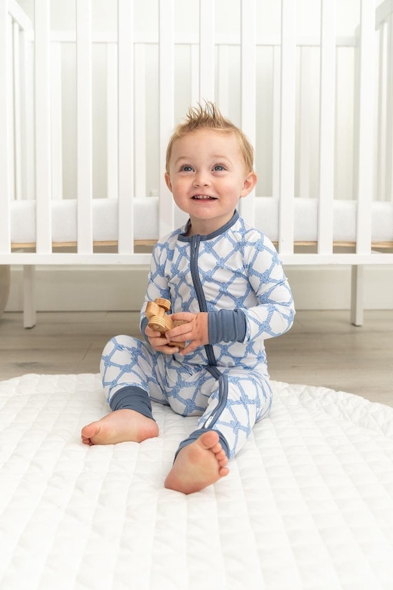 Bamboo Baby Pajama Nautical Infant Sleepwear Coastal Outfit Blue White Rope Pattern Zipper Newborn 2T Soft Summer Sailor Maritime Fashion Etsy