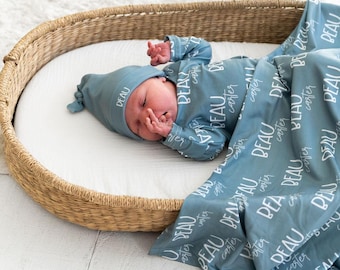Baby Blanket Set Newborn Baby Swaddle with Hat Personalized Baby Name Swaddle Newborn Blanket Gift For Mom Custom Baby Gift Set For New Baby