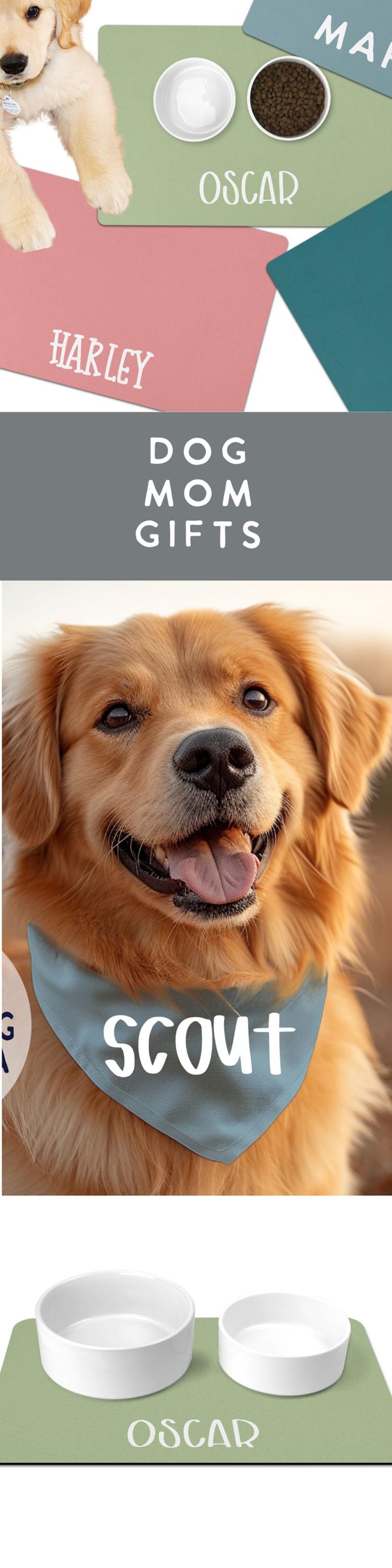 May include: A green dog food mat with the name "Oscar" printed on it. Two white ceramic dog bowls are on the mat. The mat is on a white surface.