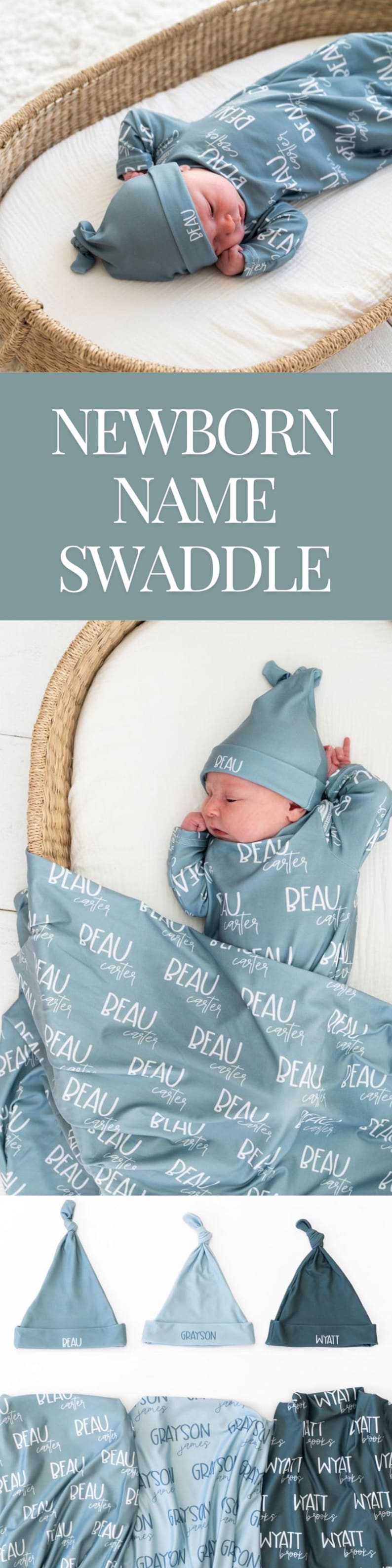 Custom baby name swaddle bundle made for newborn photo sessions, hospital homecoming outfits, and birth announcement photos. A meaningful keepsake baby gift with a soft, modern design.