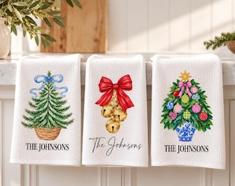 Personalized Christmas Kitchen Waffle Towels Monogram Holiday Gift White Microfiber Absorbent Textile Festive Decor Family Name Embroidery
