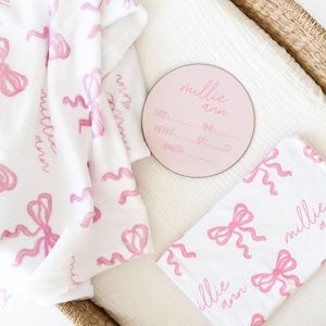 Custom Name Blanket Baby Girl Swaddle Set Pink Bow Swaddle Coming Home Baby Girl Personalized Baby Girl Swaddle Blanket Headband Gift Set