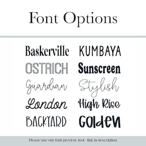 Puede incluir: Una imagen que muestra opciones de fuentes en varios estilos. El texto "Font Options" est&aacute; en la parte superior. Ejemplos incluyen Baskerville, Ostrich, Guardian, London, Backyard, KUMBAYA, Sunscreen, Stylish, High Rise y Golden. El texto "Please use our font preview tool - link in description" est&aacute; en la parte inferior.