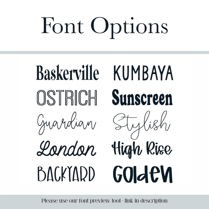 Puede incluir: Una imagen que muestra opciones de fuentes en varios estilos. El texto "Font Options" est&aacute; en la parte superior. Ejemplos incluyen Baskerville, Ostrich, Guardian, London, Backyard, KUMBAYA, Sunscreen, Stylish, High Rise y Golden. El texto "Please use our font preview tool - link in description" est&aacute; en la parte inferior.