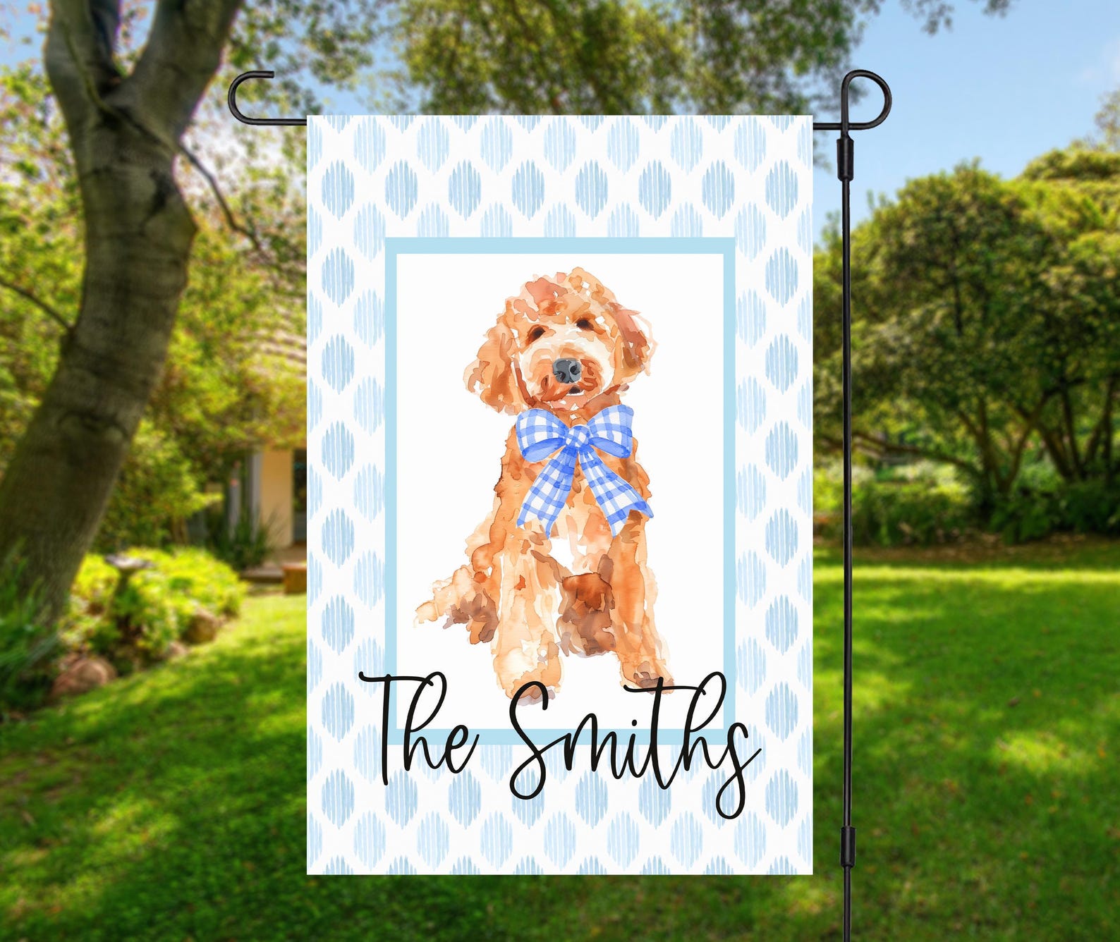 Personalized Goldendoodle Garden Flag Custom Dog Yard Decor with Watercolor Doodle & Family Name Pet Lover Outdoor Welcome Sign - 12x18 Garden 2-sided, Blue Bow