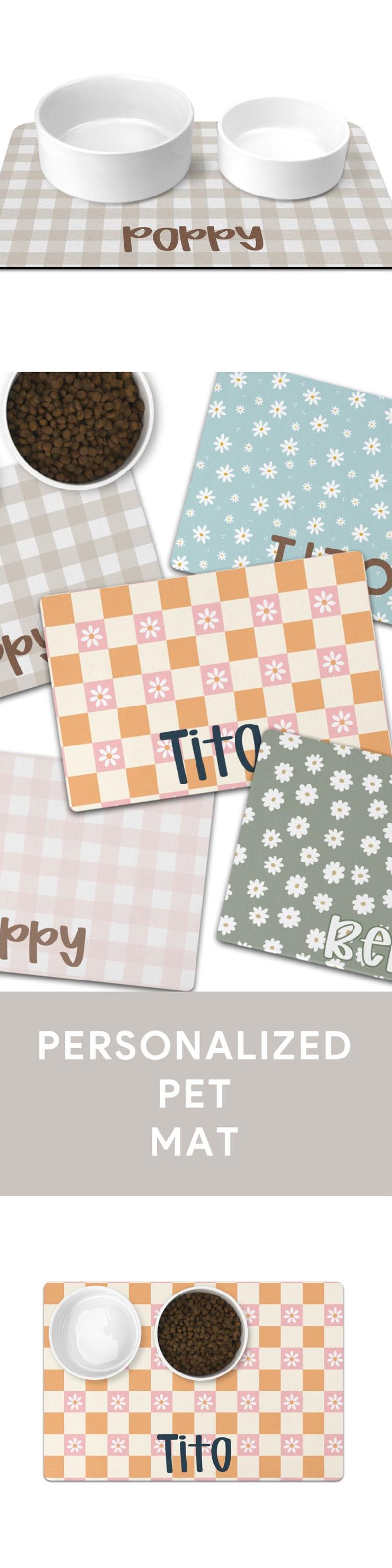 Daisies Personalized Dog Food Mat Boho Custom Dog Lovers Gift is perfect for pet food. This new puppy gift, custom dog gift, cat gift, and personalized cat mat makes an ideal dog bowl accessory.