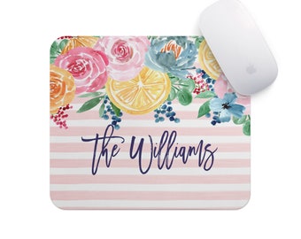 Personalized Mouse Pad-Monogram Mouse Pad-Desk Accessories-Watercolor Flowers-Rectangle Mouse Pad