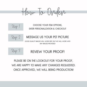 May include: A graphic with the text "How To Order" and instructions for ordering a custom product. Steps include choosing options, sending a pet picture, and reviewing a proof. The background is a light blue-gray.