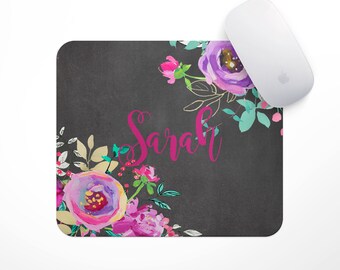 Personalized Mouse Pad-Monogram Mouse Pad-Desk Accessories-Watercolor Flowers-Rectangle Mouse Pad