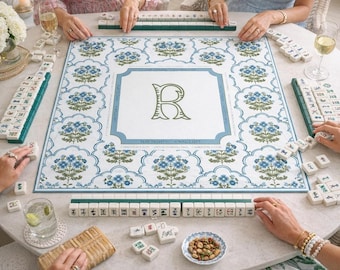 Personalized Blue Chinoiserie Mahjong Mat, Custom Monogram Mahjong Table Cover, Grandmillennial Mahjong Gift, Charleston Floral Tile Design