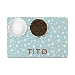 Daisy Personalized Dog Food Mat Boho Custom Dog Lovers Gift is perfect for pet food. This new puppy gift, custom dog gift, cat gift, and personalized cat mat makes an ideal dog bowl accessory gift