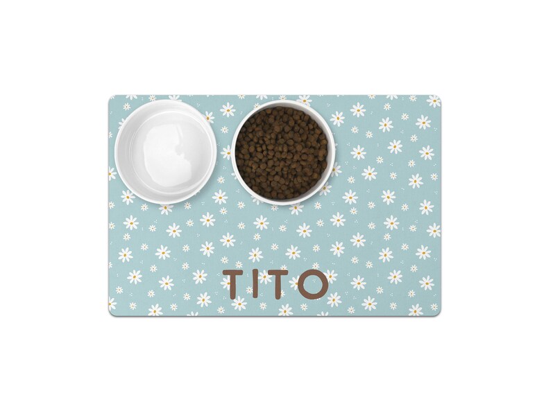 Daisy Personalized Dog Food Mat Boho Custom Dog Lovers Gift is perfect for pet food. This new puppy gift, custom dog gift, cat gift, and personalized cat mat makes an ideal dog bowl accessory gift