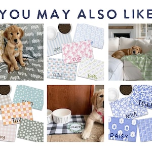 May include: A selection of personalised pet accessories, including dog beds, food mats, and bowls. The items feature various patterns, such as floral, gingham, and polka dots, with custom names embroidered on them. A golden retriever is featured in several of the images.