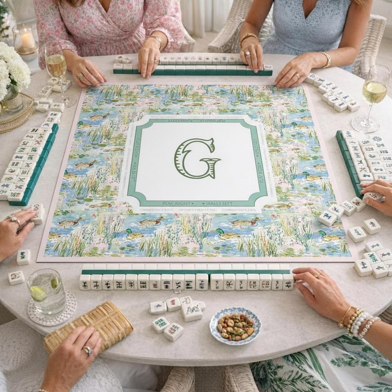 Personalized Duck Pond Mahjong Mat Custom Monogram Mahjong Table Cover Coastal Grandmillennial Mahjong Gift Southern Marsh Mahjong MM-8 image 1