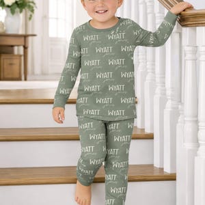 Personalized Kids Pajamas with Repeating Name Custom Text, Toddler Sleepwear, Long Sleeve and Pants Set, Gift for Boys and Girls image 1