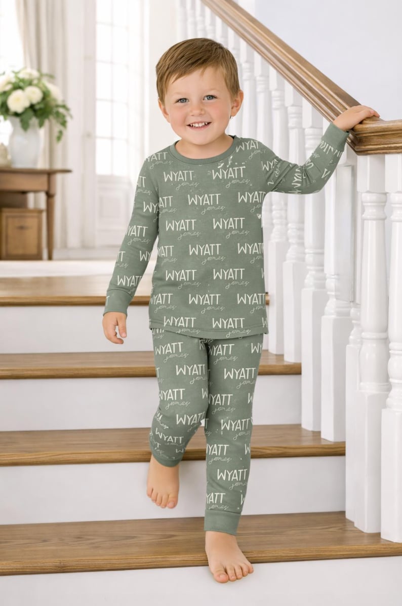 Personalized Kids Pajamas with Repeating Name Custom Text, Toddler Sleepwear, Long Sleeve and Pants Set, Gift for Boys and Girls image 1