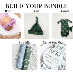 May include: An assortment of baby items, including a bow, hat, gown, swaddle blankets, and a name stat sign. The items are in various colors, with the text "BUILD YOUR BUNDLE" at the top.