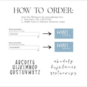 May include: A graphic with instructions on how to order personalized items. The text includes "HOW TO ORDER:" and details on entering a first name in all caps and a middle name or surname in lowercase. Examples of fonts are shown.