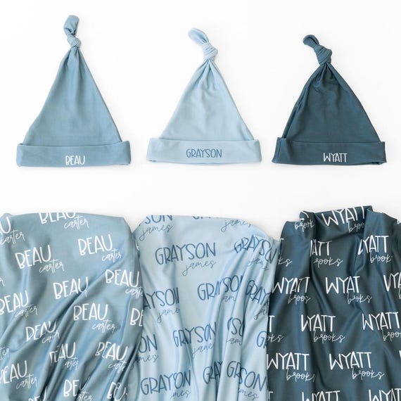 Newborn Name Swaddle Blanket Baby Name Announcement Photo Prop Personalized Hospital Gift for Baby Boys & Girls, Blue Baby Swaddle