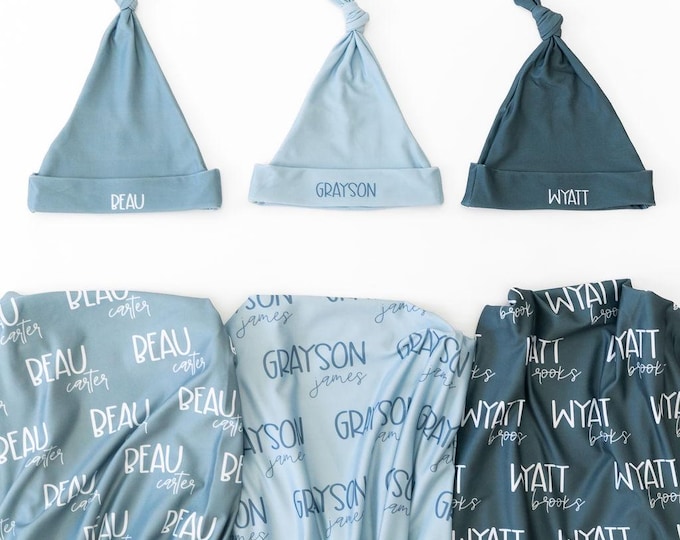 Newborn Name Swaddle Blanket Baby Name Announcement Photo Prop Personalized Hospital Gift for Baby Boys & Girls, Blue Baby Swaddle