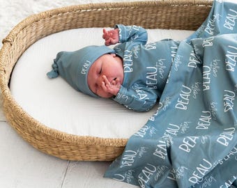Baby Blanket Set Newborn Baby Swaddle with Hat Personalized Baby Name Swaddle Newborn Blanket Gift For Mom Custom Baby Gift Set For New Baby