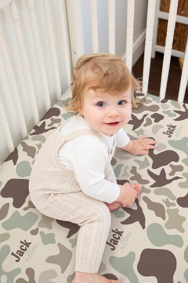 Duck Camo Crib Sheet Baby Bedding Woodland Camouflage Nursery Decor Soft Velveteen Plush Sherpa Backing Hunting Theme Baby Gift image 1