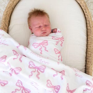 Custom Name Blanket Baby Girl Swaddle Set Pink Bow Swaddle Coming Home Baby Girl Personalized Baby Girl Swaddle Blanket Headband Gift Set