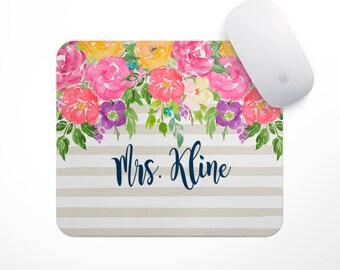 Personalized Mouse Pad-Monogram Mouse Pad-Desk Accessories-Watercolor Flowers-Rectangle Mouse Pad