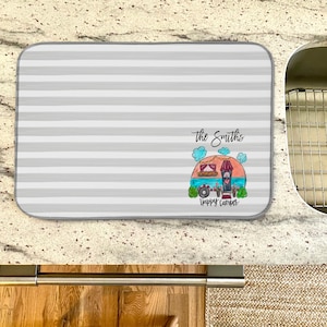 Custom Dish Mat - Happy Camper, Personalized Drying Mat, Monogrammed Kitchen Decor, Custom Dish Drying Counter Cushion Mat