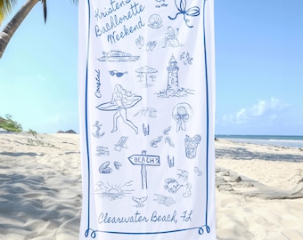 Personalized Beach Towel for Bride Party Gift Seaside Favor Shell Design Coastal Theme Wedding Present Blue Pattern Summer Towel with Name
