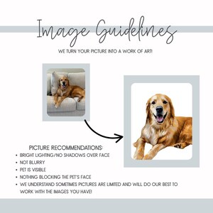May include: An image with the text "Image Guidelines" and "WE TURN YOUR PICTURE INTO A WORK OF ARTI". It also includes picture recommendations: bright lighting, not blurry, pet is visible, nothing blocking the pet's face.