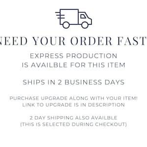 a message asking for an order to be placed quickly, indicating that express production is available for the item and that it can be shipped in 2 business days. It also mentions that a purchase upgrade can be made along with the item, and that there is a 2-day shipping option available during checkout.
