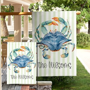 Personalized Coastal Crab Garden Flag Beach House Decor Custom Family Name Flag Nautical Porch Decor Vacation Home Yard Flag Coastal Gift