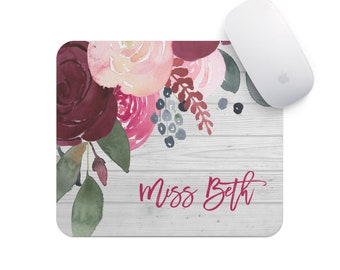 Personalized Mouse Pad-Monogram Mouse Pad-Desk Accessories-Watercolor Flowers-Rectangle Mouse Pad