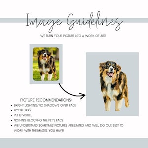 May include: An image with the text "Image Guidelines" and "We turn your picture into a work of art!" The image shows a dog and picture recommendations: bright lighting, not blurry, pet is visible.