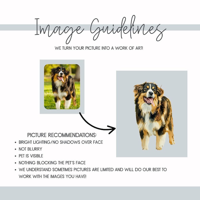 May include: An image with the text "Image Guidelines" and "We turn your picture into a work of art!" The image shows a dog and picture recommendations: bright lighting, not blurry, pet is visible.