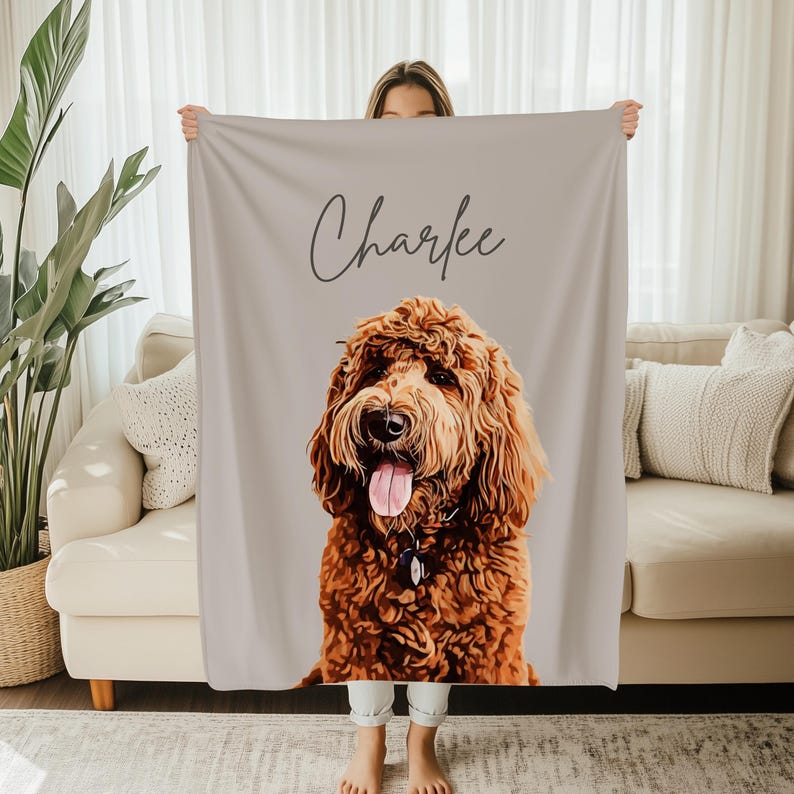 Premium Pet Portrait Collection Custom Photo Blanket Design Multiple Size Options Personalized Animal Artwork Display Soft Material Construction Perfect Memory Gift Beautiful Background Choices Available Cozy Home Addition Unique Keepsake