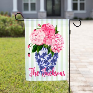 Summer Garden Flag, Hydrangea Florals Chinoiserie Topiary Yard Flag, Welcome Flag, Outdoor Summer Decor, Preppy Ginger Jar, Monogram Flag