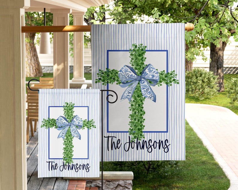 Personalized Easter Flag Bunny Design Garden Display Custom Family Name Banner Spring Yard Decoration Outdoor Holiday Accessory Festive Home Entrance Seasonal Lawn Sign Weather Resistant Material Colorful Easter Celebration Christian