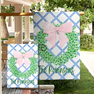 Personalized Mothers Day Garden Flag Pink Bow Wreath Custom Family Name Flag Preppy Spring Porch Decor Mothers Day Gift Yard Flag Floral