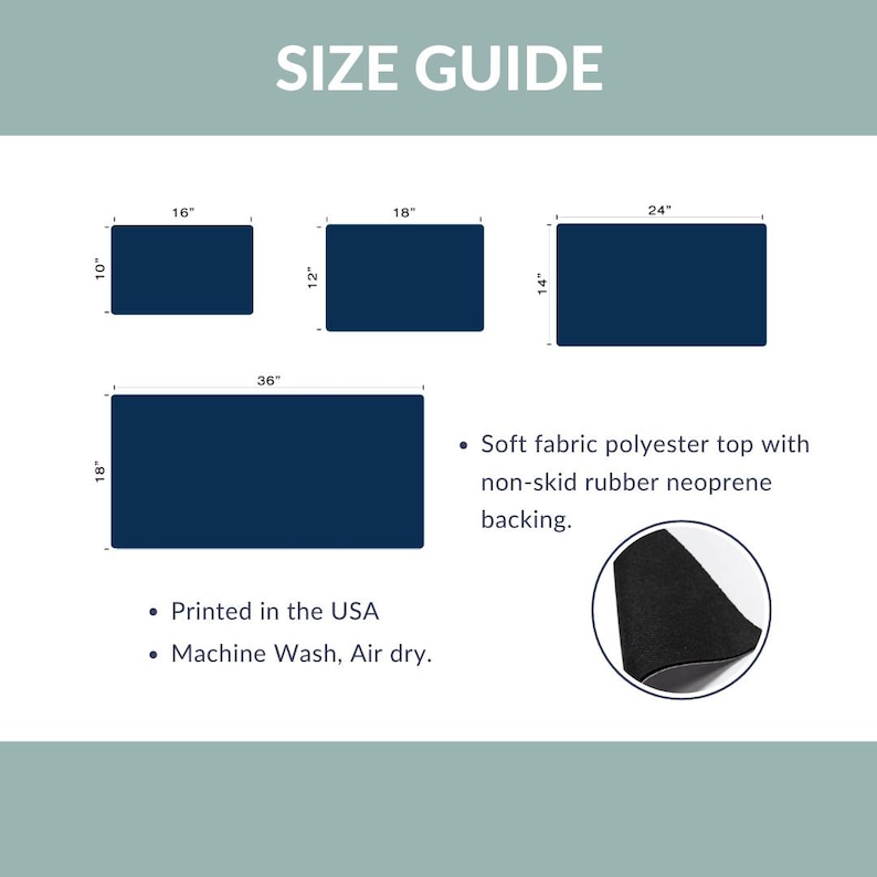 May include: Size guide graphic showing four navy blue rectangular mats, with dimensions of 40.6cm x 25.4cm, 45.7cm x 30.5cm, 61cm x 35.6cm, and 91.4cm x 45.7cm. The text reads "Soft fabric polyester top with non-skid rubber neoprene backing." and "Printed in the USA. Machine Wash, Air dry."