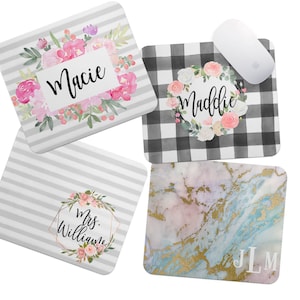 Personalized Mouse Pad-Monogram Mouse Pad-Desk Accessories-Watercolor Flowers-Rectangle Mouse Pad