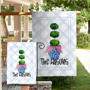 Whimsical Personalized Topiary Garden Flag Mothers Day Gift Custom Family Name Flag Pink Bow Chinoiserie Pot Preppy Porch Spring Yard Decor