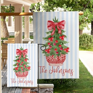 Bandera de árbol de Navidad de acuarela, bandera de jardín personalizada, decoración navideña, nombre familiar personalizado, decoración de patio de invierno, regalo festivo para el hogar
