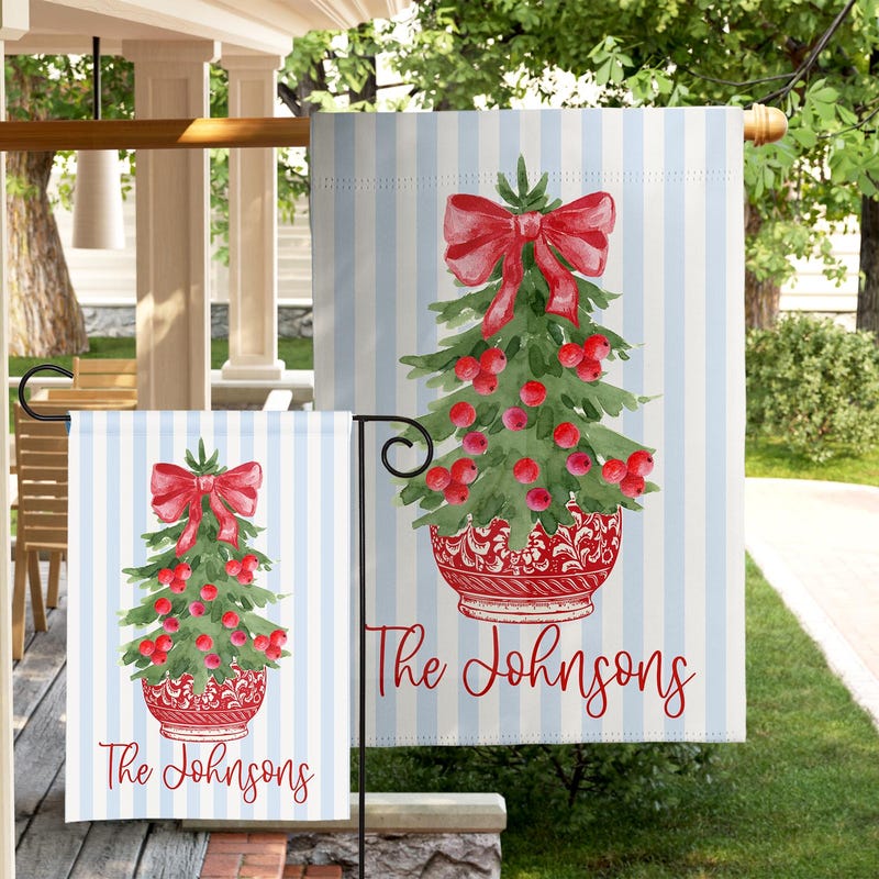 Watercolor Christmas Tree Flag Personalized Garden Flag Holiday Decor Custom Family Name Winter Yard Decoration Festive Home Accent Gift