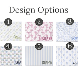 May include: Six different design options for personalized placemats. Each design features a different pattern in shades of blue, green, and pink. The names Olivia, Harper, Sophia, Mia, Jordan, and Katherine are displayed on each placemat.
