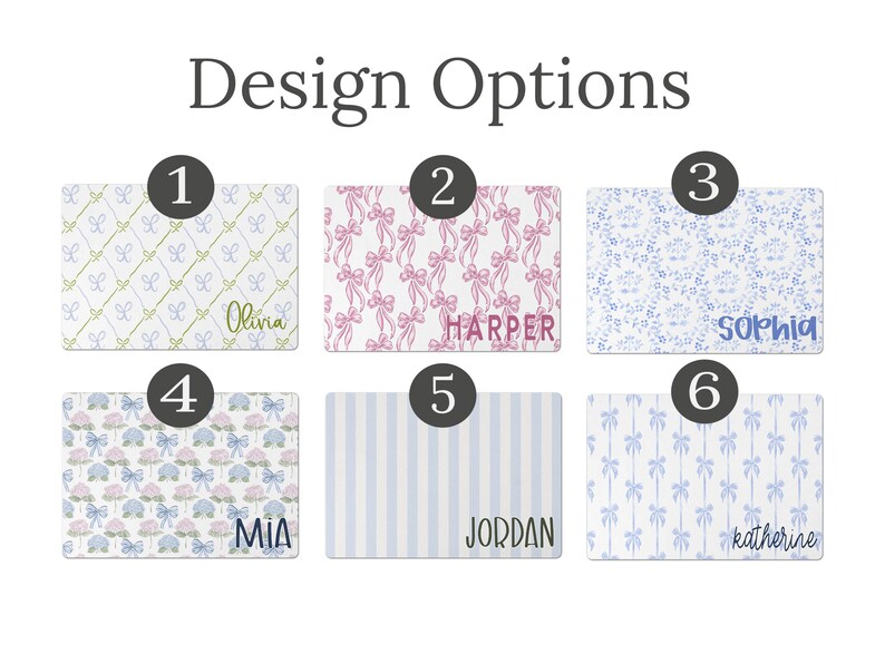 May include: Six different design options for personalized placemats. Each design features a different pattern in shades of blue, green, and pink. The names Olivia, Harper, Sophia, Mia, Jordan, and Katherine are displayed on each placemat.